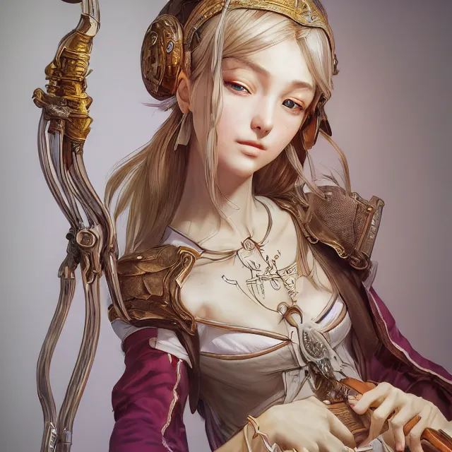 Image similar to studio portrait of neutral good colorful female cleric bard healer as absurdly beautiful, elegant, young skinny gravure idol, ultrafine realistic face illustration by kim jung gi, irakli nadar, intricate linework, sharp focus, bright colors, matte, octopath traveler, final fantasy, unreal engine highly rendered, global illumination, radiant light, intricate environment