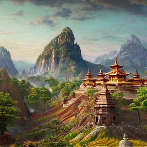 Image similar to a beautiful and highly detailed matte painting of a colorful yet humble buddhist temple and fort built of large stones in the distance high in the most epic mountains ever, intricate details, epic scale, insanely complex, 8 k, sharp focus, hyperrealism, very realistic, by caspar friedrich, greg rutowski, james gurney, hudson river school