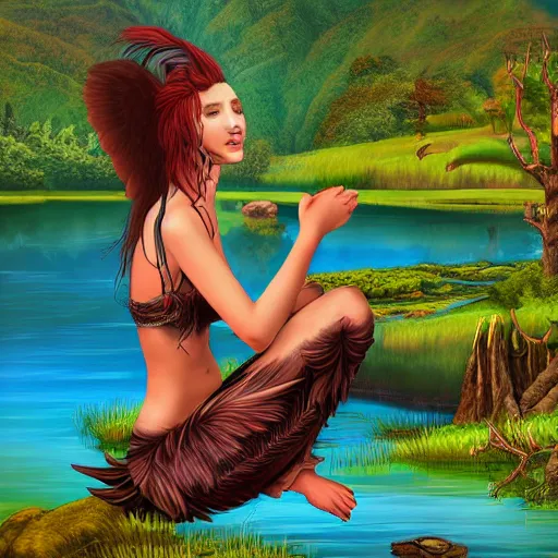 Prompt: mythical harpy, wearing Inka clothes, sad expression, sitting at a pond, mountainous area, trees in the background, digital art