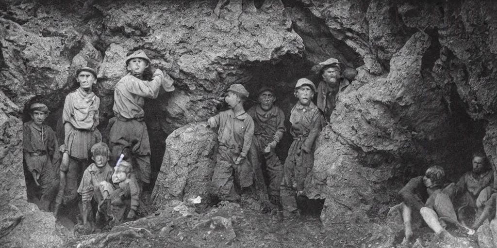 Image similar to explorers looking fearful as something emerges from a dark cave, 1 9 0 0 s photograph