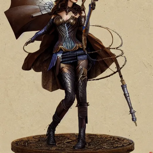 Image similar to highly detailed steampunk gal gadot standing, cape, staff : leonardo da vinci, greg rutkowski, magali villeneuve