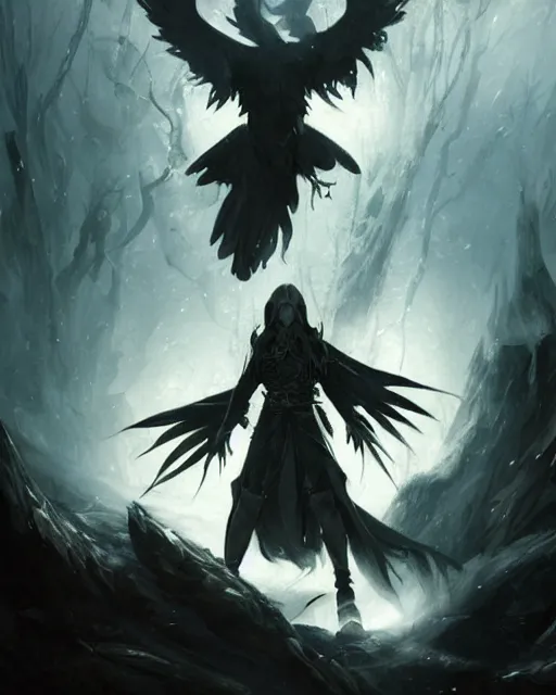 Image similar to Raven Mage, spell, fog, magic the gathering artwork, D&D, fantasy, cinematic lighting, centered, symmetrical, highly detailed, digital painting, artstation, concept art, smooth, sharp focus, illustration, volumetric lighting, epic Composition, 8k, art by Akihiko Yoshida and Greg Rutkowski and Craig Mullins, oil painting, cgsociety