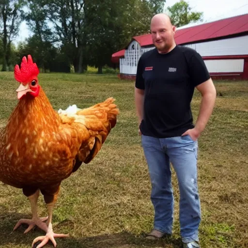 Image similar to a 2 meter tall chicken next to a 1,7 meter tall farmer.