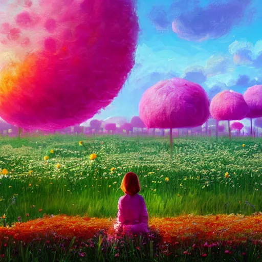 Image similar to giant daisy flower as head, girl sitting in a flower field, surreal photography, sunrise, dramatic light, impressionist painting, colorful clouds, digital painting, artstation, simon stalenhag