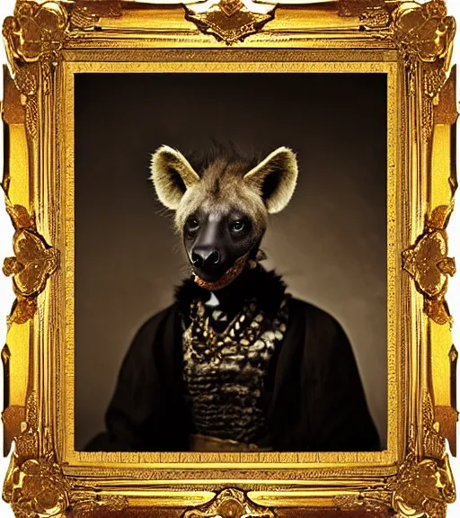 Prompt: professional studio photo portrait of anthro anthropomorphic spotted hyena head animal person fursona smug smiling wearing elaborate pompous royal king robes clothes gold frame by Louis Daguerre daguerreotype tintype