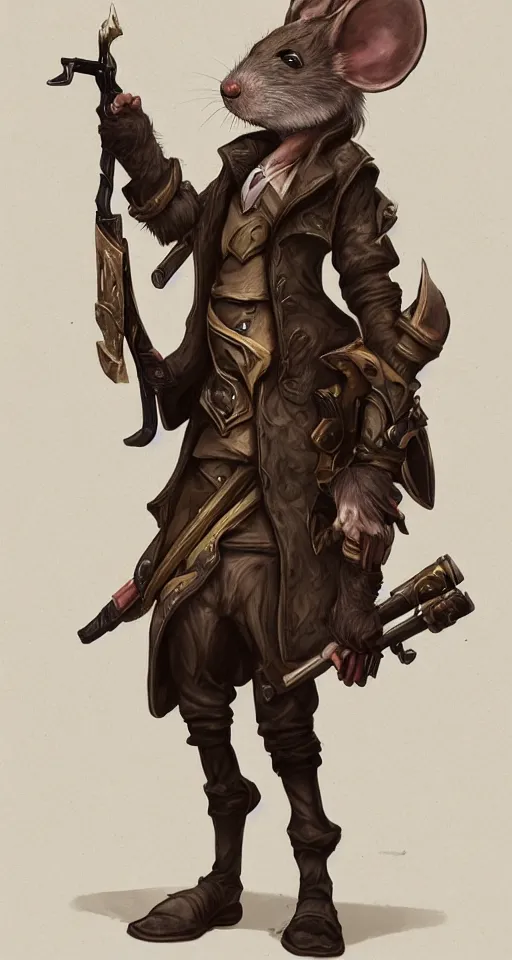 Prompt: a highly detailed illustration of one anthropomorphic rat wearing a long coat holding a wooden shotgun, dramatic standing, intricate, elegant, highly detailed, centered, digital painting, artstation, concept art, smooth, sharp focus, league of legends concept art, wlop