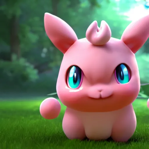 Image similar to nymph render of a very cute 3d jigglypuff pokemon, adorable eyes, cute smile, full round face, bright sunny time, serene forest setting, medium shot, mid-shot, highly detailed, trending on Artstation, Unreal Engine 4k