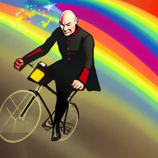 Prompt: Captain Picard riding on a rainbow, highly detailed