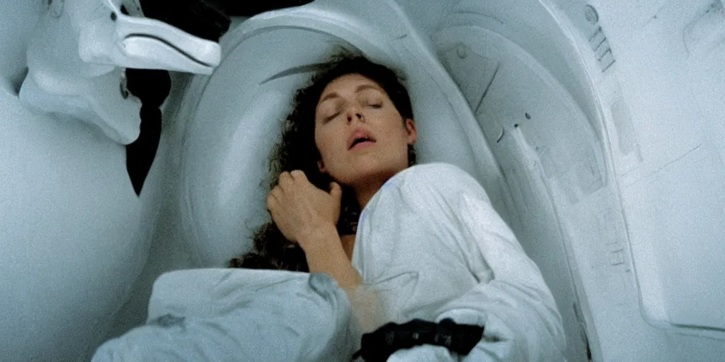 Prompt: a medium shot of Ripley sleeping inside an all-white room of cryogenic sleeping pods with glass covers by Ridley Scott, Alien movie, grainy, bluish and cream tones