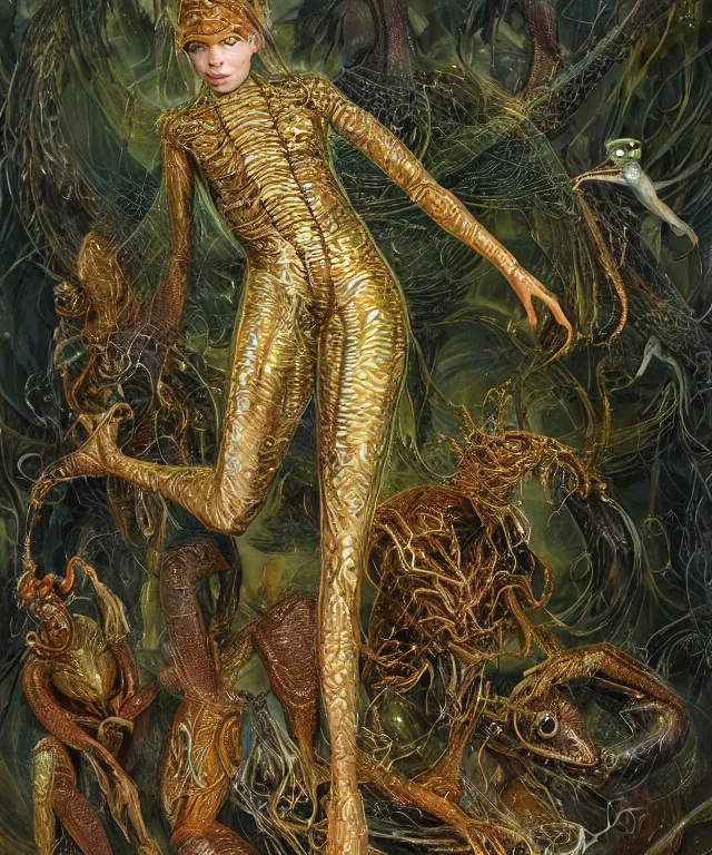 Prompt: a portrait photograph of a blinded sadie sink as a strong alien harpy queen with amphibian skin. she is dressed in a fiery lace shiny metal slimy organic membrane catsuit and transforming into a insectoid snake bird. by donato giancola, walton ford, ernst haeckel, peter mohrbacher, hr giger. 8 k, cgsociety, fashion editorial