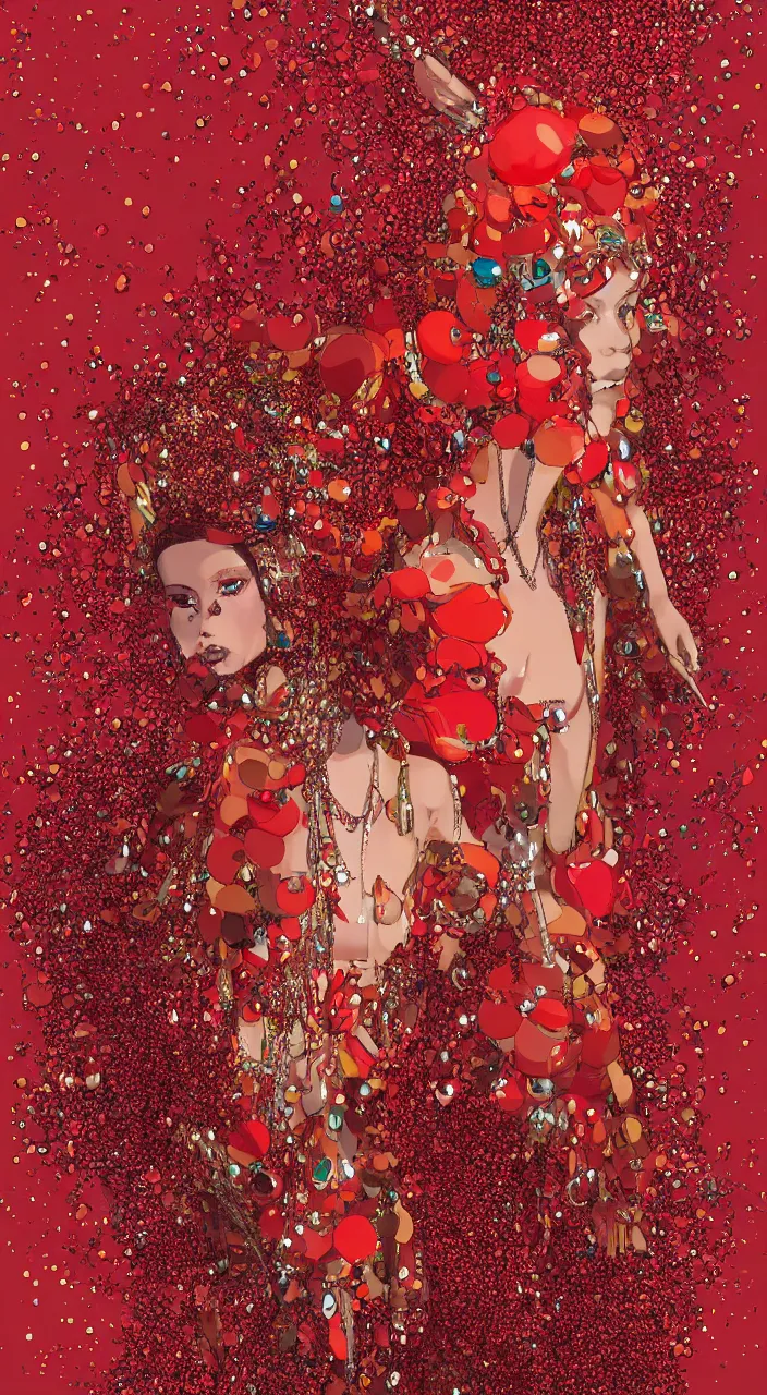 Image similar to a fashion character design wearing a red sequined bodysuit, acid hallucinations floating around their head, by moebius, alexander mcqueen headdress with beads, by kawase hasu