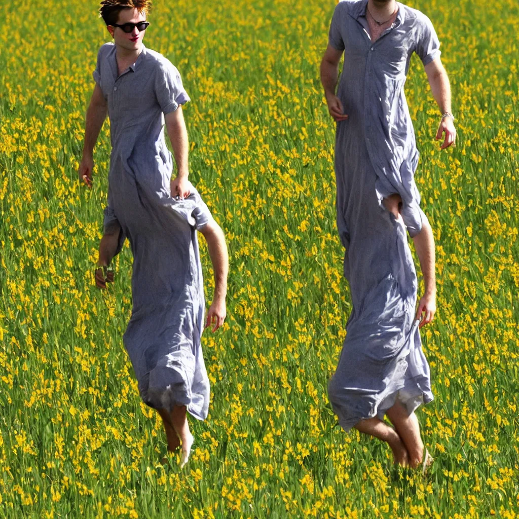 Prompt: robert pattinson in a sundress frolicking through a field