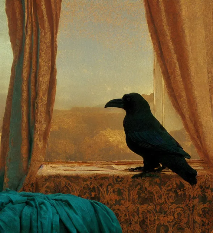 Image similar to a beautifully photoreal clear detailed victorian portrait of a close up raven on a victorian windowsill with an ornate velvet teal curtain at beautiful sunset daytime nature sunlit painting by frederic leighton and turner and rosetti, 8 k, octane render