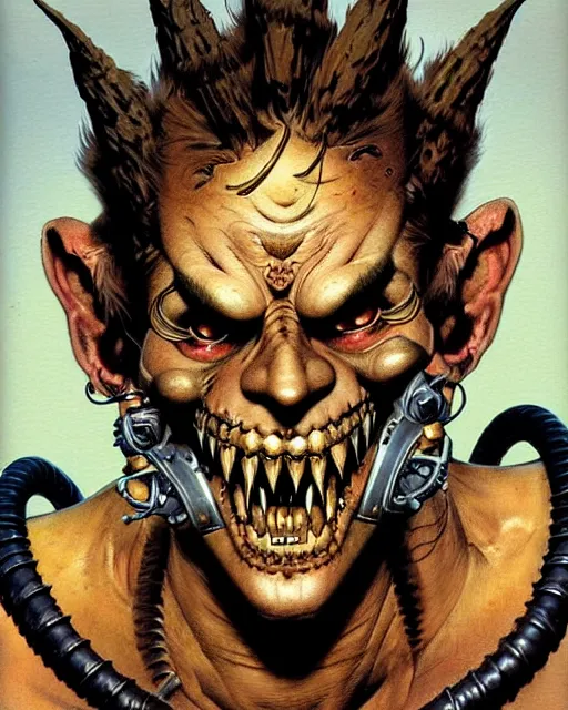 Image similar to junkrat from overwatch, heavey metal magazine cover, character portrait, portrait, close up, concept art, intricate details, highly detailed, in the style of frank frazetta, r. giger, esteban maroto, richard corben, pepe moreno, matt howarth, stefano tamburini, tanino liberatore, luis royo and alex ebel