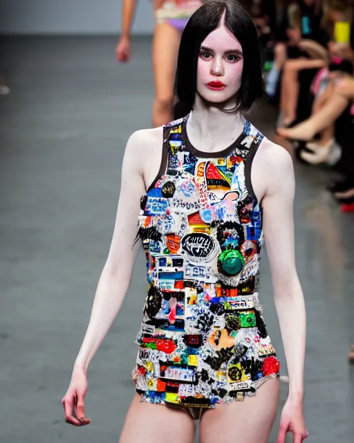 Prompt: olivia wearing an outfit made of stickers, runway model at new york fashion week, normal physique, black hair, freckles, pale skin, half body shot, photo by greg rutkowski, stage lighting, soft colors, intricate detail, elegance, 3 5 mm, depth of field, masterpiece