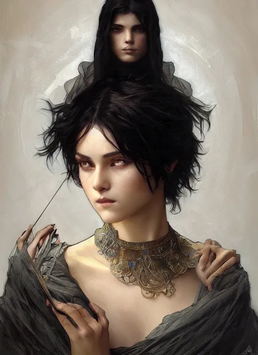 Image similar to a teenage girl with very short black hair and a huge cloak made of black raven feathers. beautiful highly detailed face. beautiful painting by artgerm and greg rutkowski and alphonse mucha