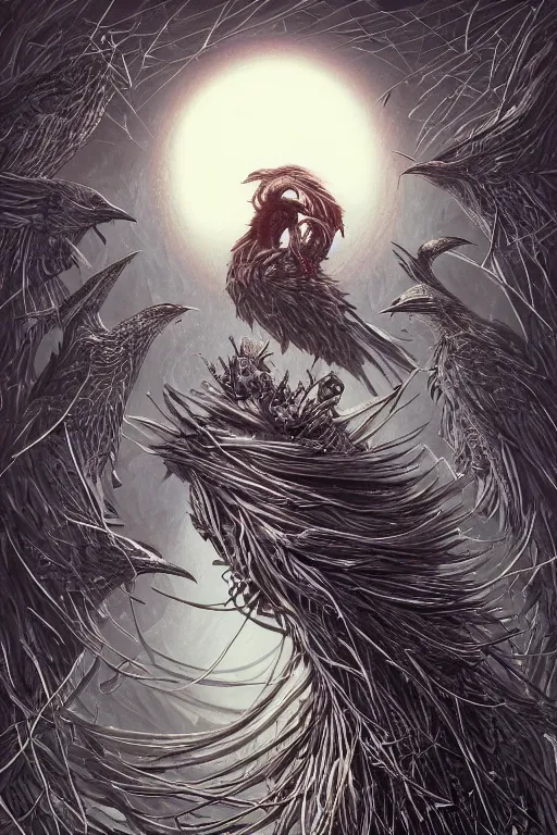 Image similar to black crows, nest on human head, open mouth, cruelty, pain, light effect, hyper detailed, intricate, elegant, highly detailed, digital painting, artstation, concept art, matte, sharp focus, illustration, by dan mumford, yusuke murata, makoto shinkai, ross tran