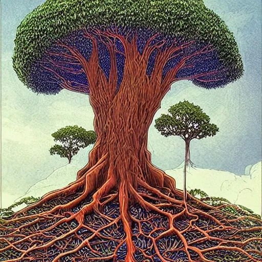 Image similar to a large tree rooted in a galactic crystal floating in space, by moebius