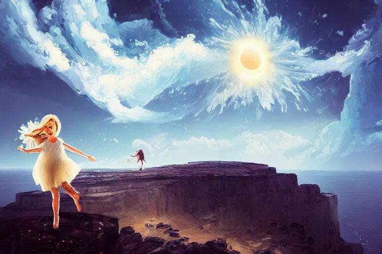 Image similar to giant white daisy flower face, girl dancing on cliff, surreal photography, solar eclipse, milky way, dramatic light, impressionist painting, clouds, digital painting, artstation, james gilleard, liam wong, jeremy mann, simon stalenhag