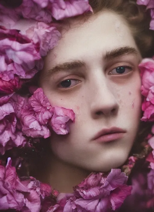 Prompt: Kodak Portra 400, 8K,ARTSTATION, Caroline Gariba, soft light, volumetric lighting, highly detailed, britt marling style 3/4 , extreme Close-up portrait photography of a Dorian Electra hiding in flowers how pre-Raphaelites with his eyes closed,inspired by Ophelia paint, his face is under water Pamukkale, raining, crying face above water in soapy bath tub, hair are intricate with highly detailed realistic , Realistic, Refined, Highly Detailed, interstellar outdoor soft pastel lighting colors scheme, outdoor fine photography, Hyper realistic, photo realistic