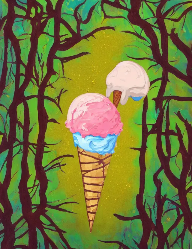 Image similar to ice cream spirit lost in a forest. this art noveau gouache and gold leaf painting has a beautiful composition.