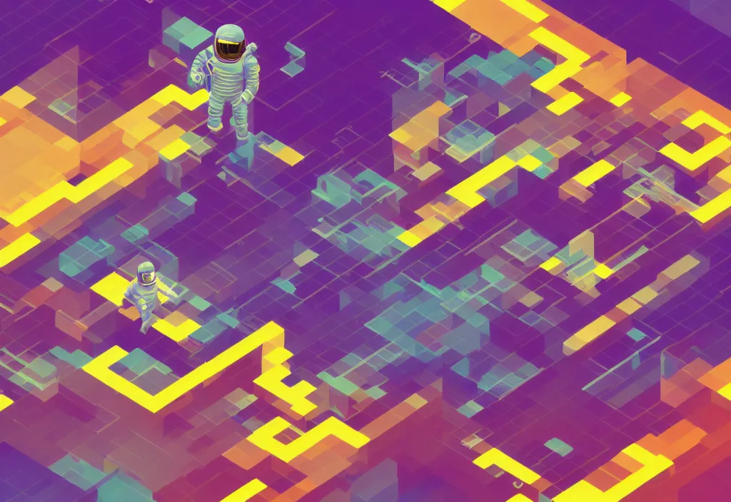 Image similar to isometric pixel art astronaut, vaporwave, cinematic lighting, 4 k