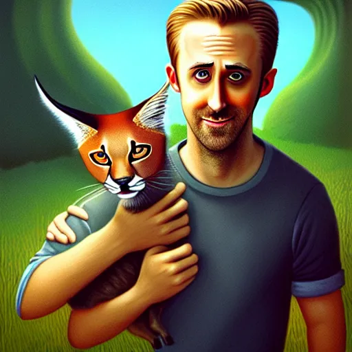 Prompt: Portrait of Ryan Gosling holding cute caracal in hands, Funny cartoonish by Gediminas Pranckevicius