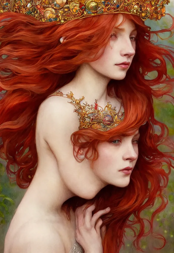Prompt: beautiful watercolor painting of a young red hair woman wearing a crown completely made of fish, intricate, elegant, highly detailed, digital painting, artstation, concept art, smooth, sharp focus, art by krenz cushart and artem demura and alphonse mucha, dynamic lighting, ultrarealistic, cinematic, octane render, 8 k