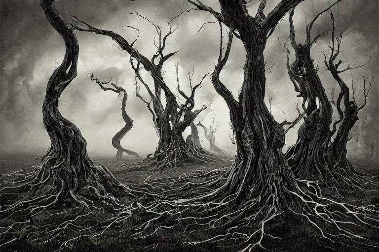 Prompt: in the black storm, gnarled trees on a darkling plain, low light, tree roots, drawn by christan delort and jean gireaud, wide angle, centered composition, golden ratio