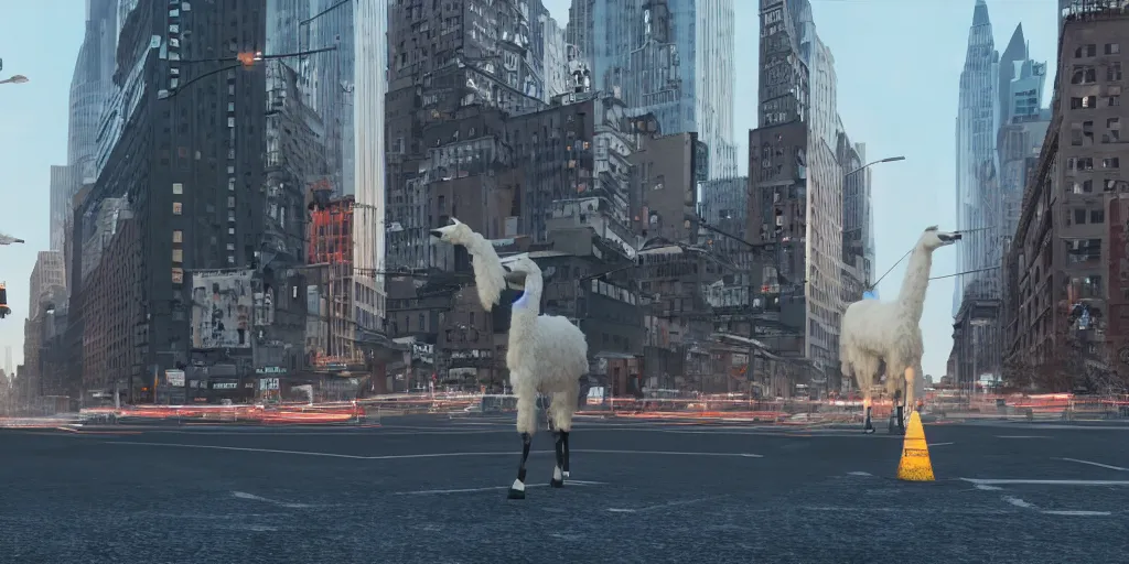 Image similar to a llama walking through a desolate manhattan city street at night, statue of liberty seen in the background, realistic 4 k octane beautifully detailed render, 4 k post - processing, highly detailed, detailed face, intricate complexity, epic composition, magical atmosphere, cinematic lighting, masterpiece, color picture, ultra hd