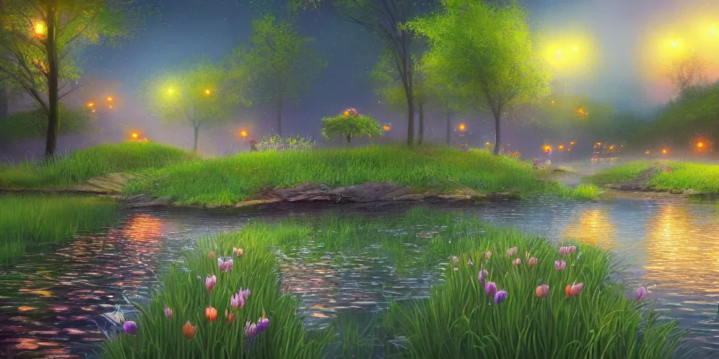 Prompt: fireflies around water inspired by Evgeny Lushpin,flower meadow,spring,cinematic,trending on ArtStation