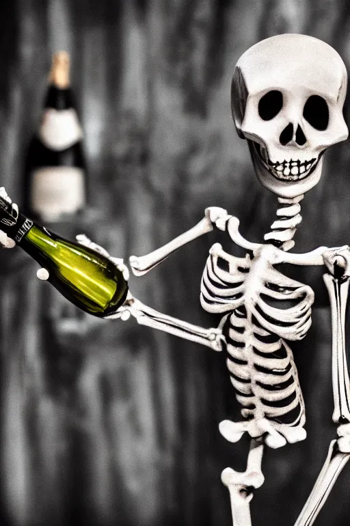 Prompt: a lady skeleton holding a bottle of champagne, high resolution film still, hdr color