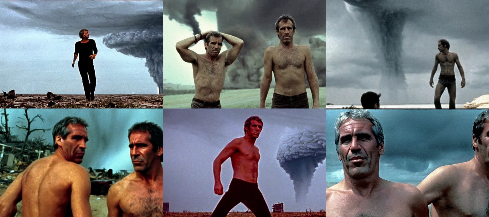 Prompt: Jeffrey action shot of Epstein shirtless with a tornado in the background, Stalker (1979) by Andreï Tarkovski, cinémascope, epic ultrawide shot