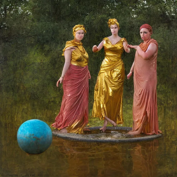 Image similar to a color photograph, closeup portrait of three women wrapped in gold, the three fates, standing next to a levitating turquoise orb, in a misty pond, color photograph, by vincent desiderio, canon eos c 3 0 0, ƒ 1. 8, 3 5 mm, 8 k, medium - format print