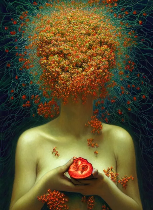 Image similar to hyper detailed 3d render like a Oil painting - Aurora (Singer) Eats of the Strangling Fruit and Her Hands full of gossamer polyp blossoms bring iridescent fungal flowers whose spores black the foolish stars by Jacek Yerka, Mariusz Lewandowski, Houdini algorithmic generative render, Abstract brush strokes, Masterpiece, Edward Hopper and James Gilleard, Zdzislaw Beksinski, Mark Ryden, Wolfgang Lettl, hints of Yayoi Kasuma, octane render, 8k