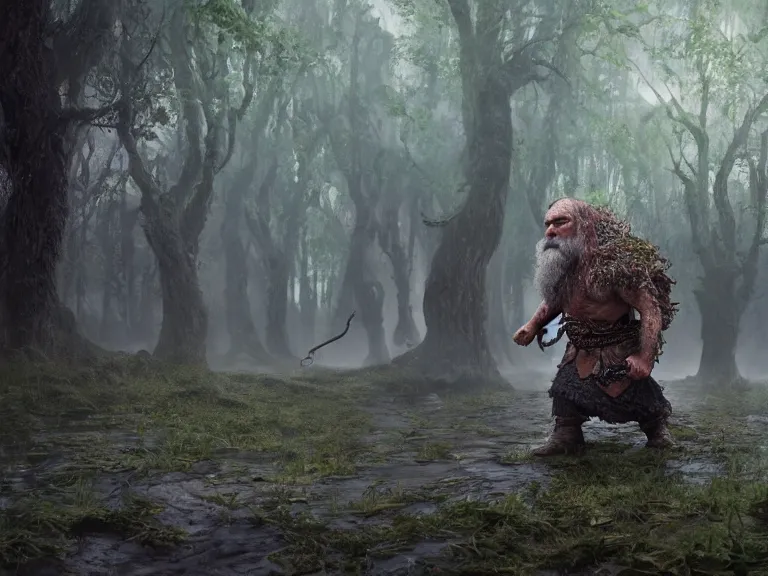 Prompt: Scared High Fantasy Dwarf Druid running through Haunted Swamp, RPG Portrait Reference, Oil Painting, Trending on Artstation, octane render, Insanely Detailed, 8k, HD