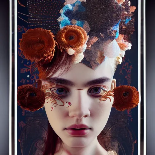 Prompt: 3 d, fashion model looks into the frame, poster art, intricate oil painting, high detail, figurative art, multiple exposure, poster art, 3 d, by stanley kubrick and tooth wu and wlop and beeple