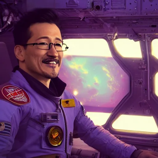 Prompt: Evil Markiplier looking out of the window of the International Space station with a smile on his face. Devilish markiplier unreal engine imagery with markiplier. Digital art from Nasa, trending on art station, created by beeple, complementary of the International Space Station.