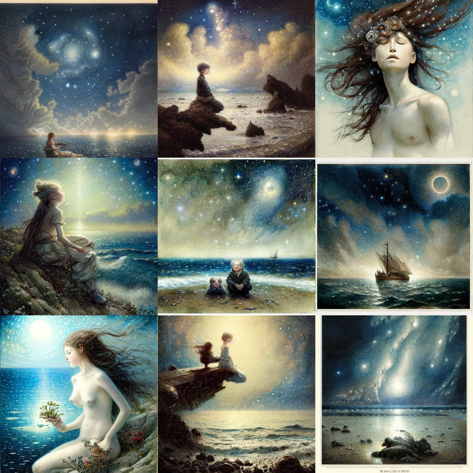 Prompt: ( ( ( ( ( the shimmering starry sky and ocean ) ) ) ) ) drawing by jean - baptiste monge!!!!!!!!!!!!!!!!!!!!!!!!!!!, overdetailed art, cd jacket