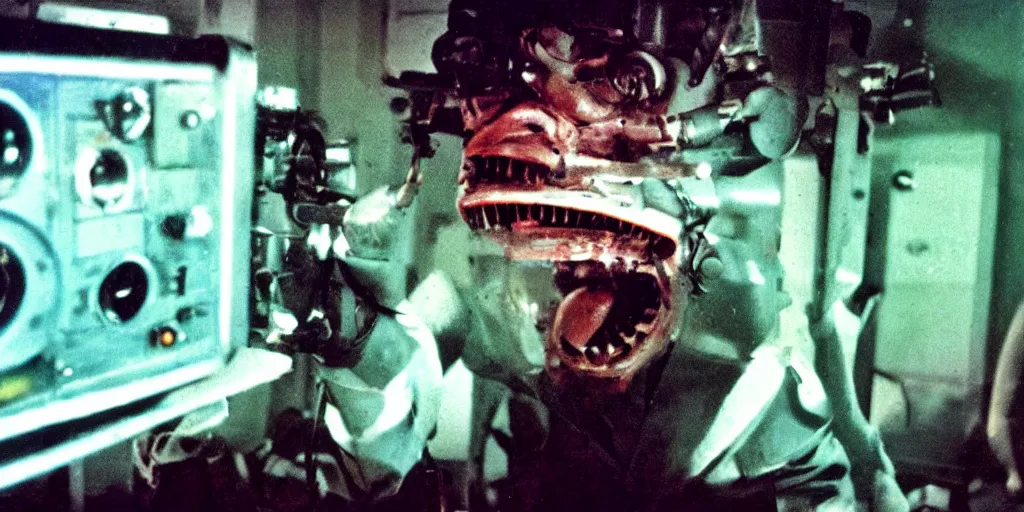 Prompt: a screaming and angry mechanical monster child with a TV monitor for its head, inside of a 1970s science lab, neon lights, dirty, ektachrome photograph, volumetric lighting, f8 aperture, cinematic Eastman 5384 film