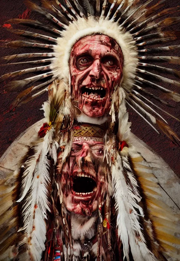 Image similar to close up portrait of zombie Pope Francis wearing a Native American Indian Feathered Headdress War Bonnet, dead redemption, by James Gilleard and Beeple