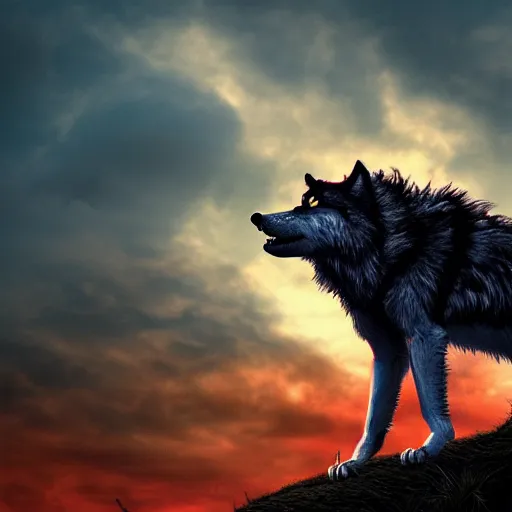 Prompt: werewolf howling to the moon, red sky, 4 k, cinematic composition, dark fantasy, extremely detailed, hyperrealism