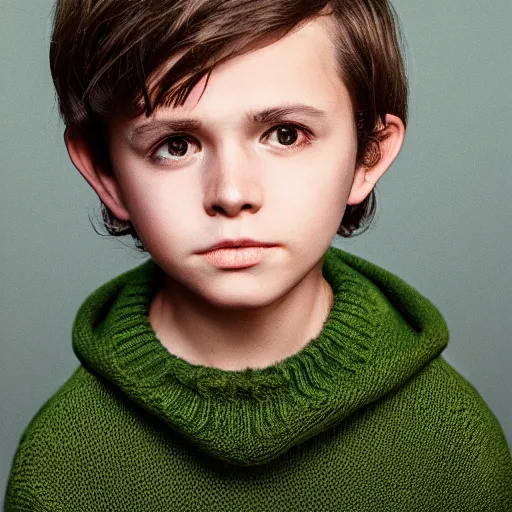 Prompt: boy with short brown hair covering eyes, light green sweater, brown background, dramatic lighting, studio lighting, digital art, trending on artstation