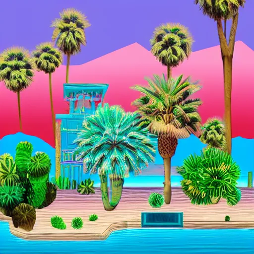 Prompt: a desert Oasis in the style of vaporwave