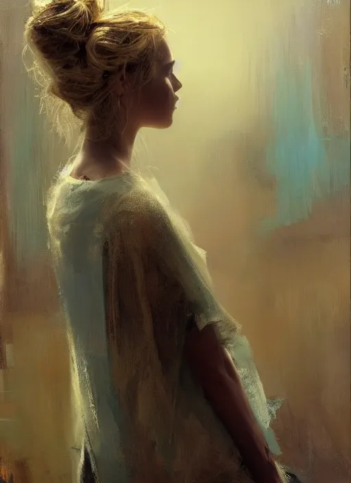 Prompt: painting of a gorgeous woman with golden hair in two buns wearing a poncho, blowing a kiss towards the viewer, by Jeremy Mann, stylized, detailed, realistic, loose brush strokes, intricate, intimate, aummer vibes, bold colors