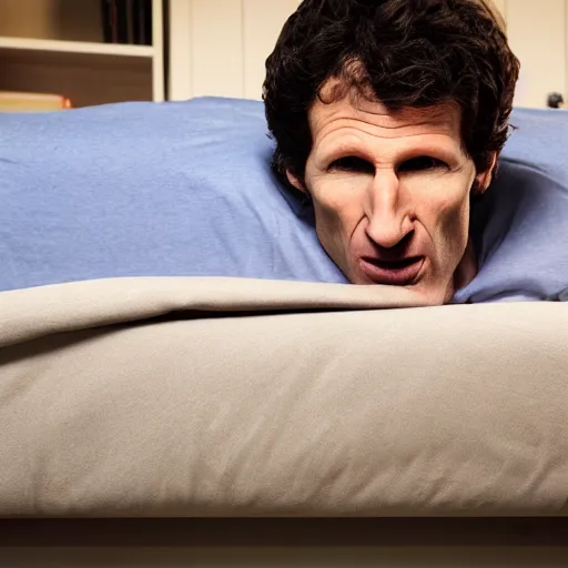 Image similar to A photograph of Todd Howard looking out from under a bed, 4K UHD, high quality, low light, funny