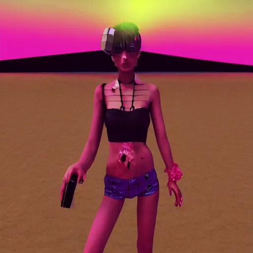 Image similar to fullbody vaporwave art of a fashionable zombie girl at a beach, early 90s cg, 3d render, 80s outrun, low poly, by carpenter brut