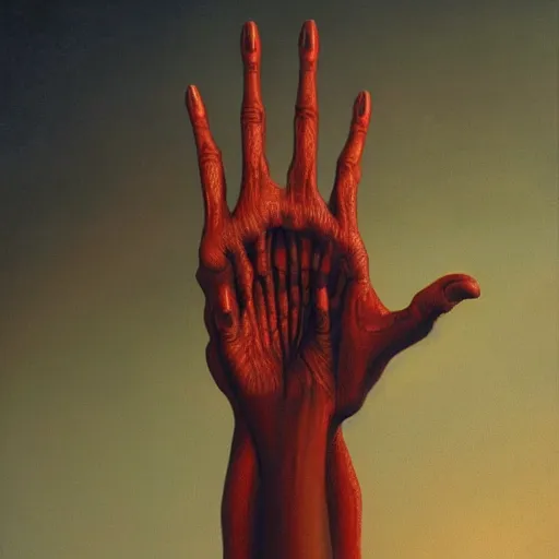 Image similar to Alien Hand Syndrome, illustrated by Zdzisław Beksiński, artistic interpretation, trending on artstation, 4k, 8k