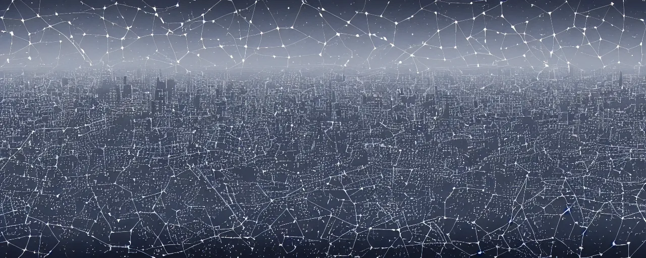 Image similar to digital art graphic of clusters and constellations of data in the outline of the New York City skyline. texture and pattern of an audio waveform. 4k unreal engine.