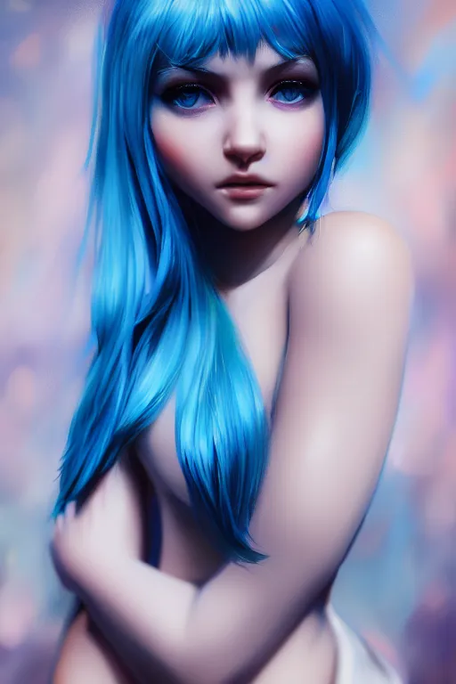 Image similar to hd photograph of a pretty girl with blue hair, close up portrait, skin texture, in the style of ilya kuvshinov, dramatic lighting, fantasy, intricate, elegant, highly detailed, lifelike, photorealistic, digital painting, bokeh, hdr, high resolution, unsplash, smooth, sharp focus, art by krenz cushart and albert aublet